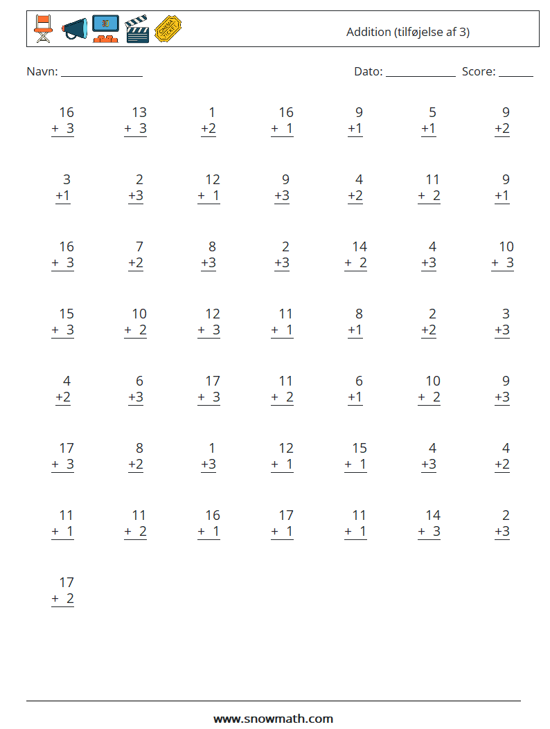 (50) Addition (tilføjelse af 3) Matematiske regneark 3