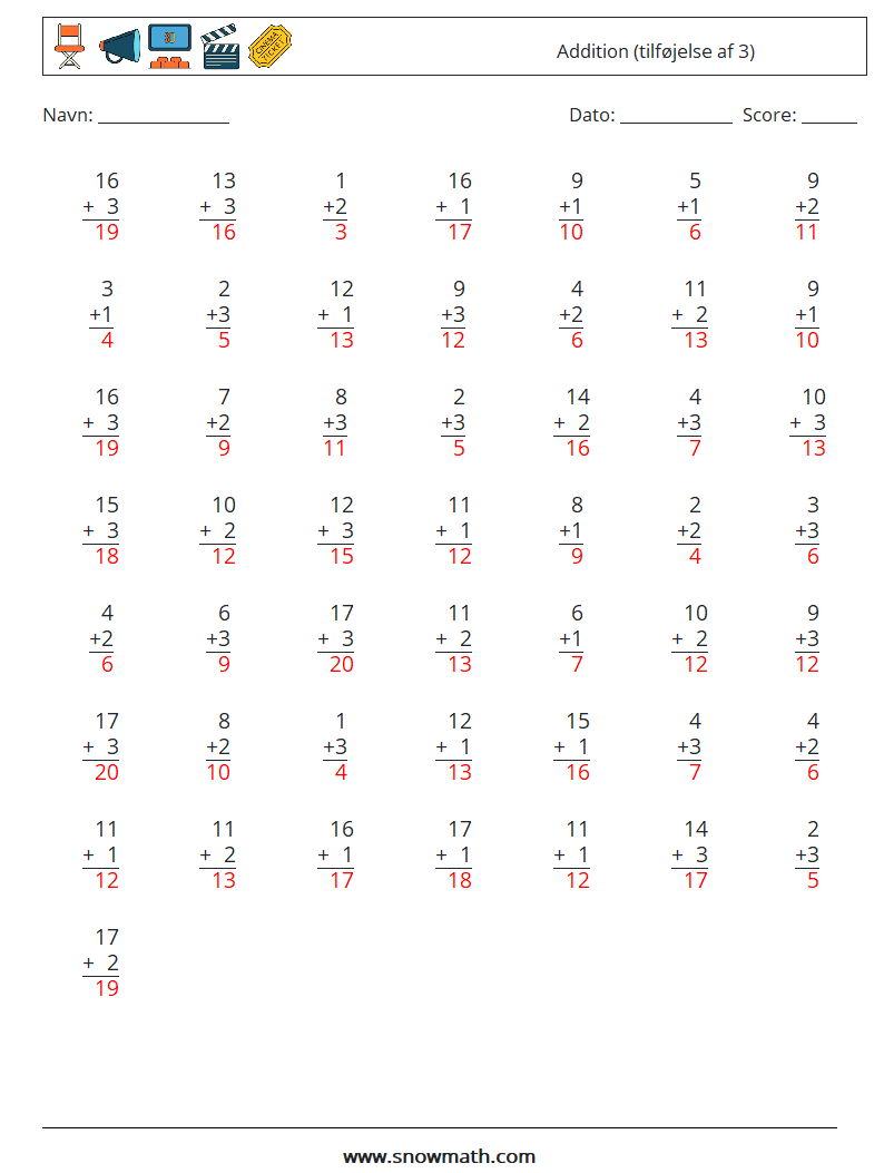 (50) Addition (tilføjelse af 3) Matematiske regneark 3 Spørgsmål, svar