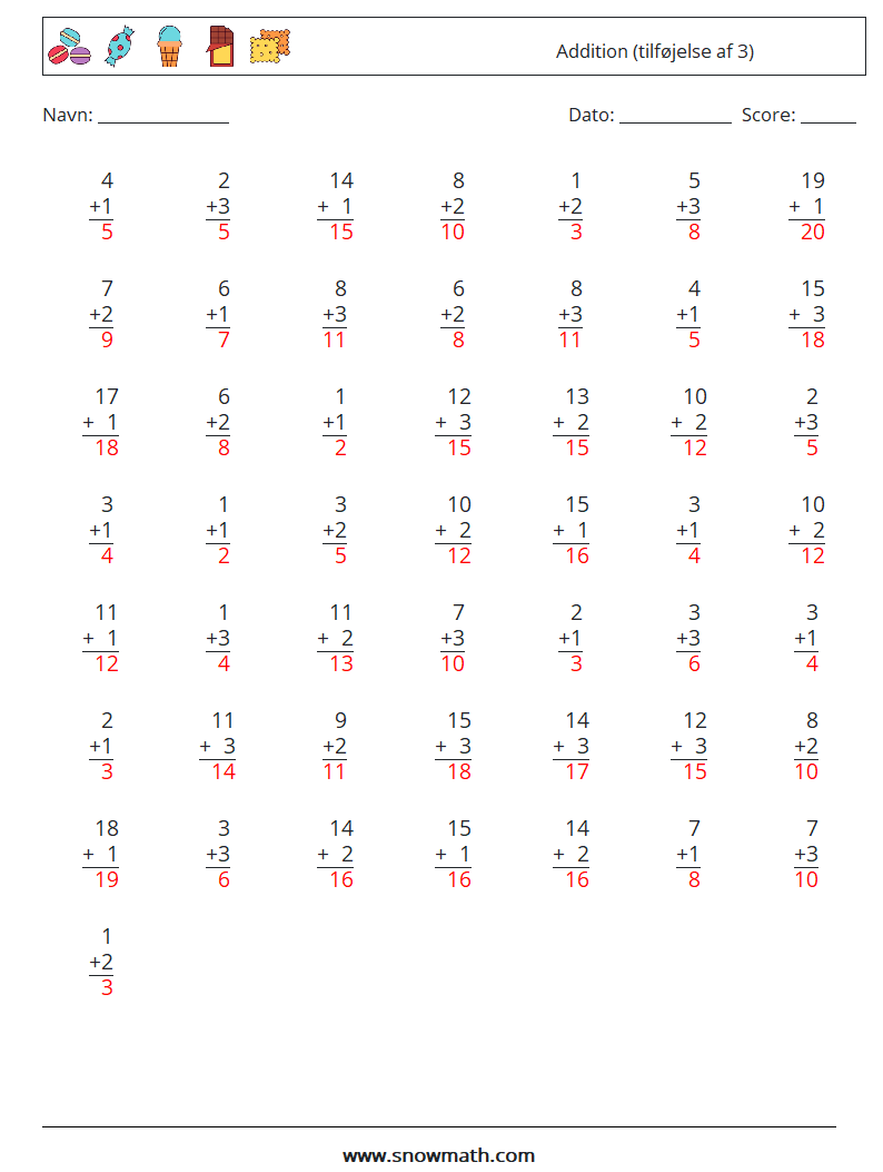 (50) Addition (tilføjelse af 3) Matematiske regneark 4 Spørgsmål, svar