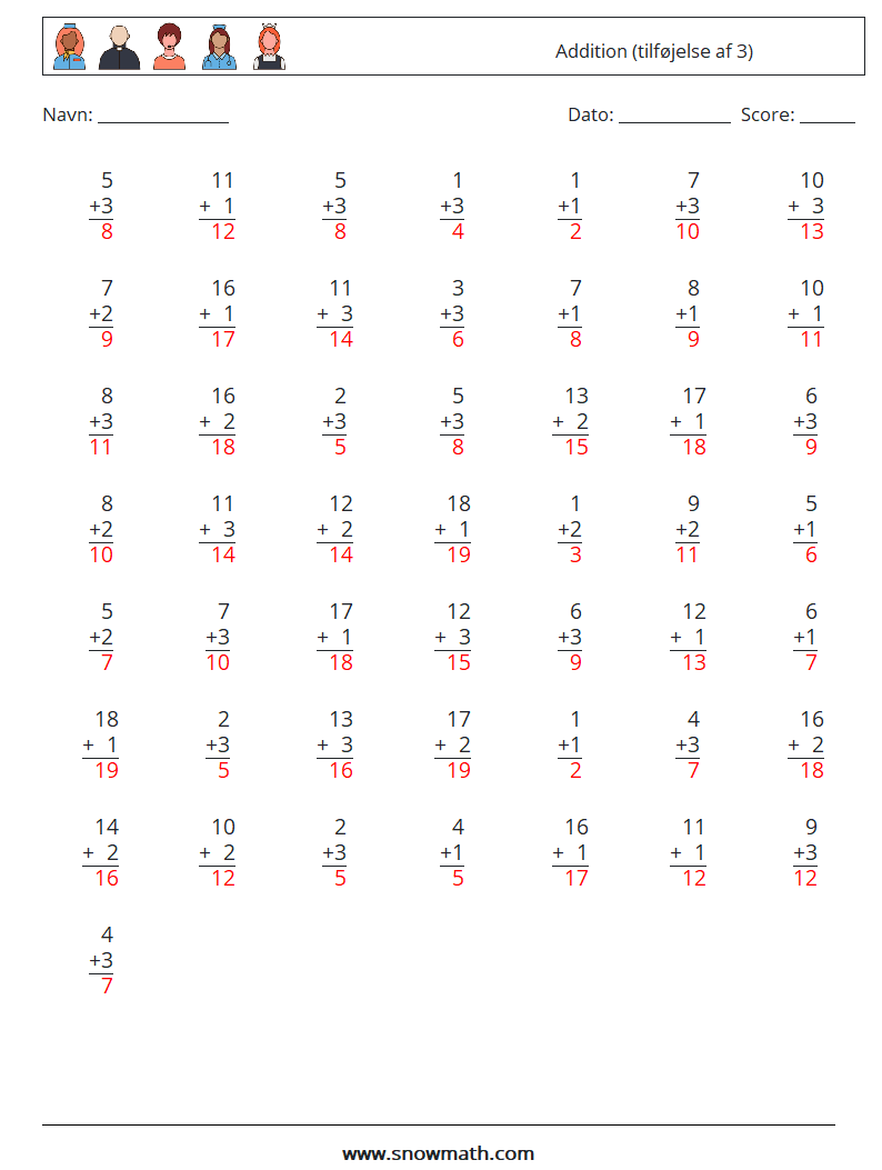 (50) Addition (tilføjelse af 3) Matematiske regneark 5 Spørgsmål, svar