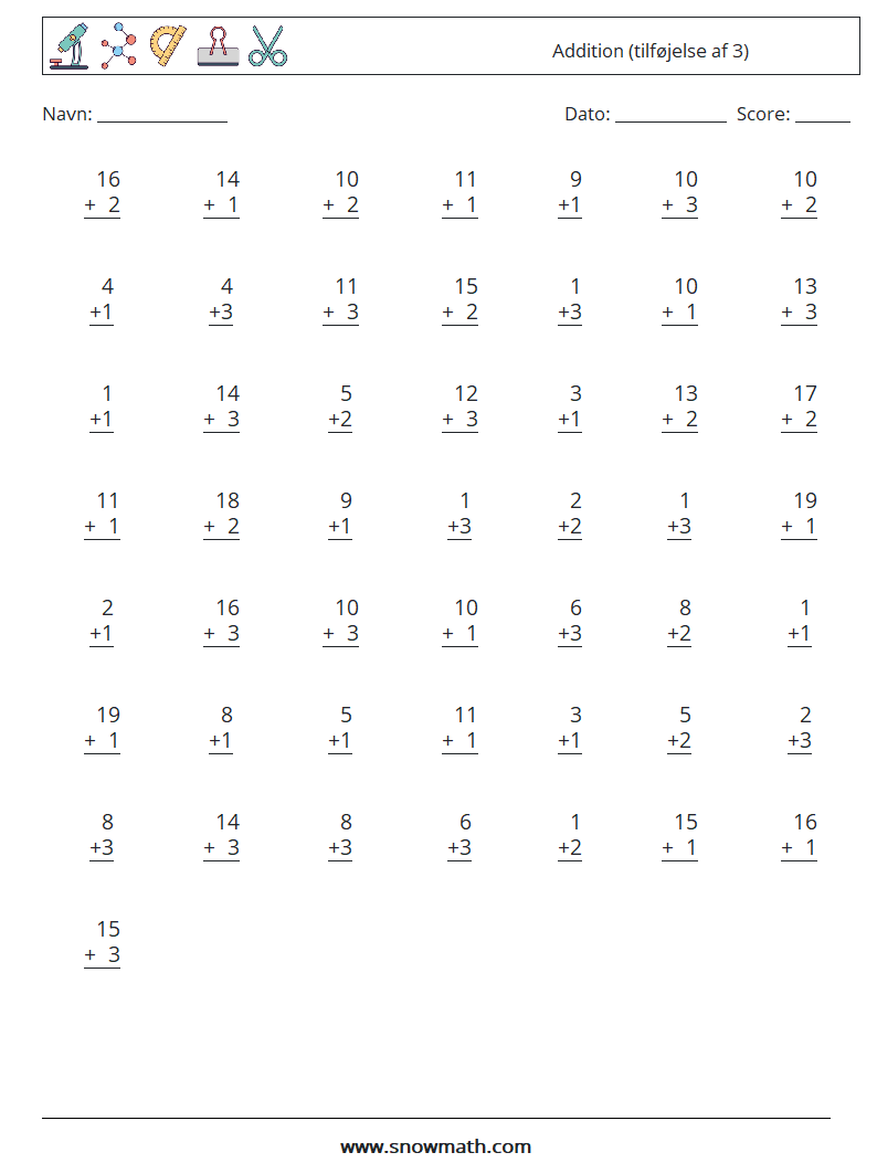 (50) Addition (tilføjelse af 3) Matematiske regneark 6