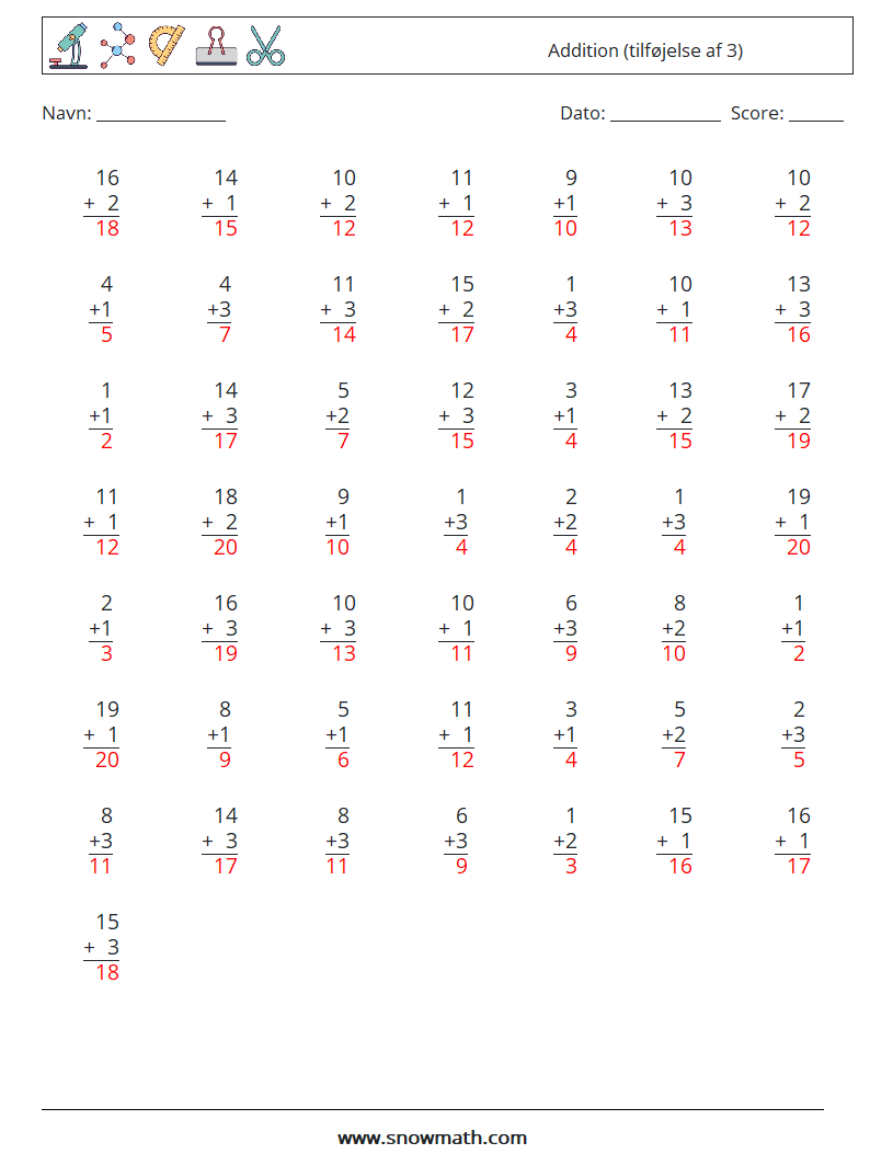 (50) Addition (tilføjelse af 3) Matematiske regneark 6 Spørgsmål, svar