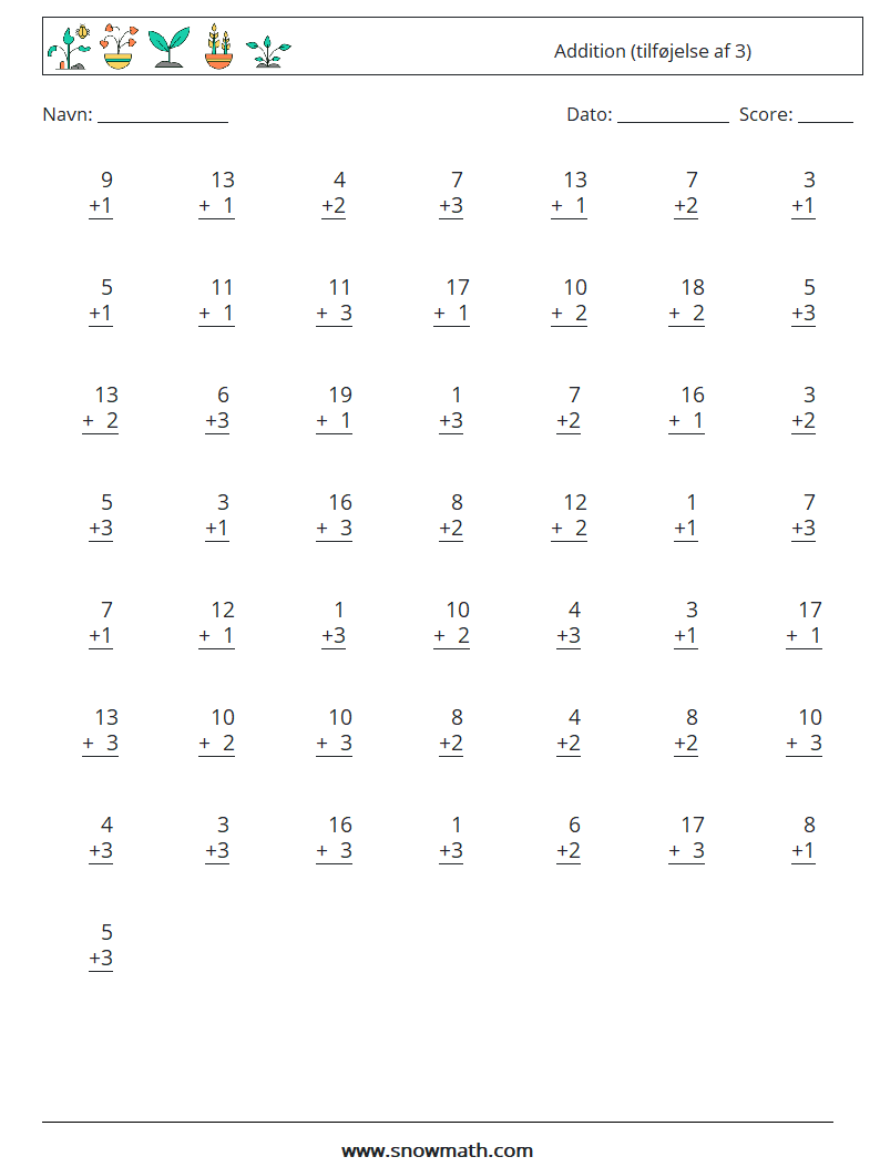 (50) Addition (tilføjelse af 3) Matematiske regneark 7