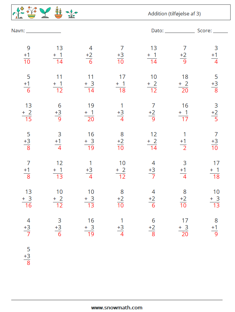 (50) Addition (tilføjelse af 3) Matematiske regneark 7 Spørgsmål, svar