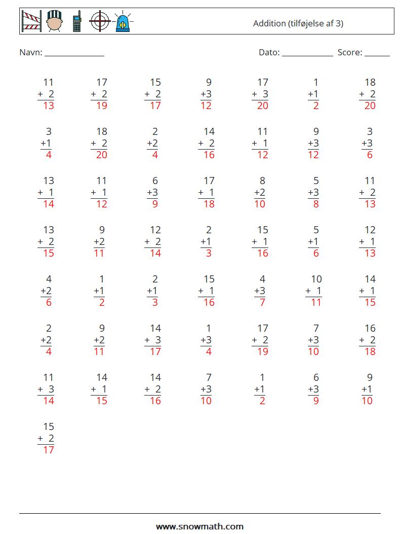 (50) Addition (tilføjelse af 3) Matematiske regneark 8 Spørgsmål, svar