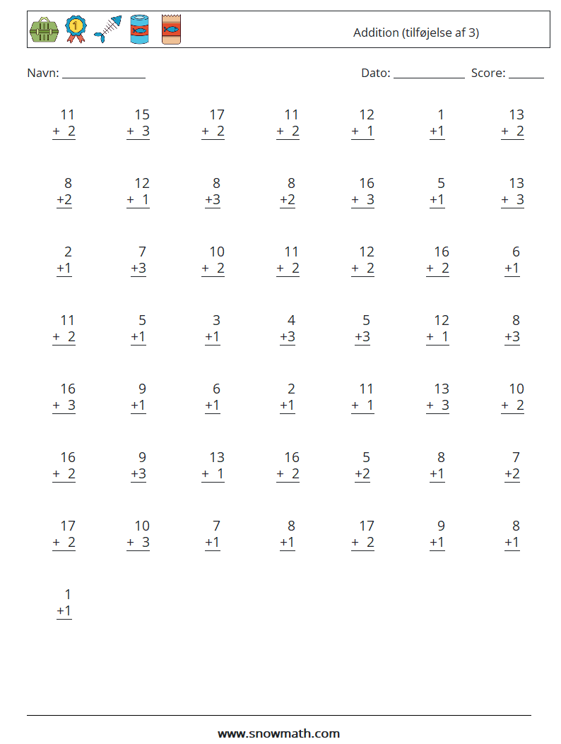 (50) Addition (tilføjelse af 3) Matematiske regneark 9