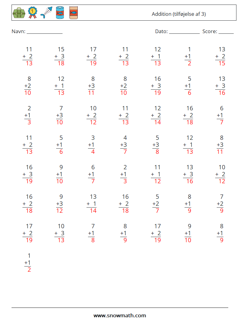 (50) Addition (tilføjelse af 3) Matematiske regneark 9 Spørgsmål, svar