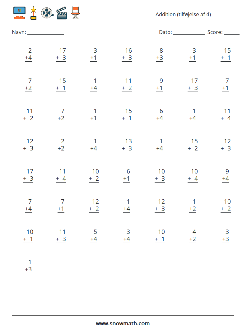 (50) Addition (tilføjelse af 4) Matematiske regneark 1