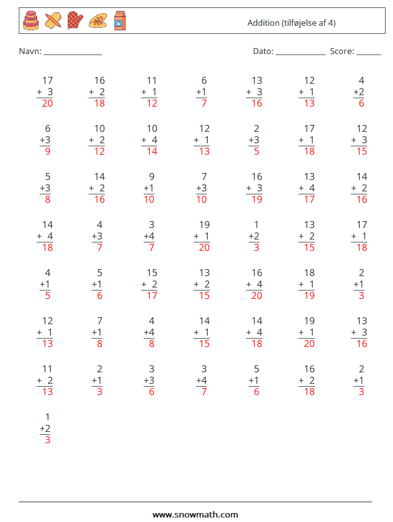 (50) Addition (tilføjelse af 4) Matematiske regneark 10 Spørgsmål, svar