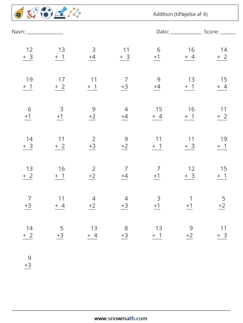 (50) Addition (tilføjelse af 4) Matematiske regneark 11