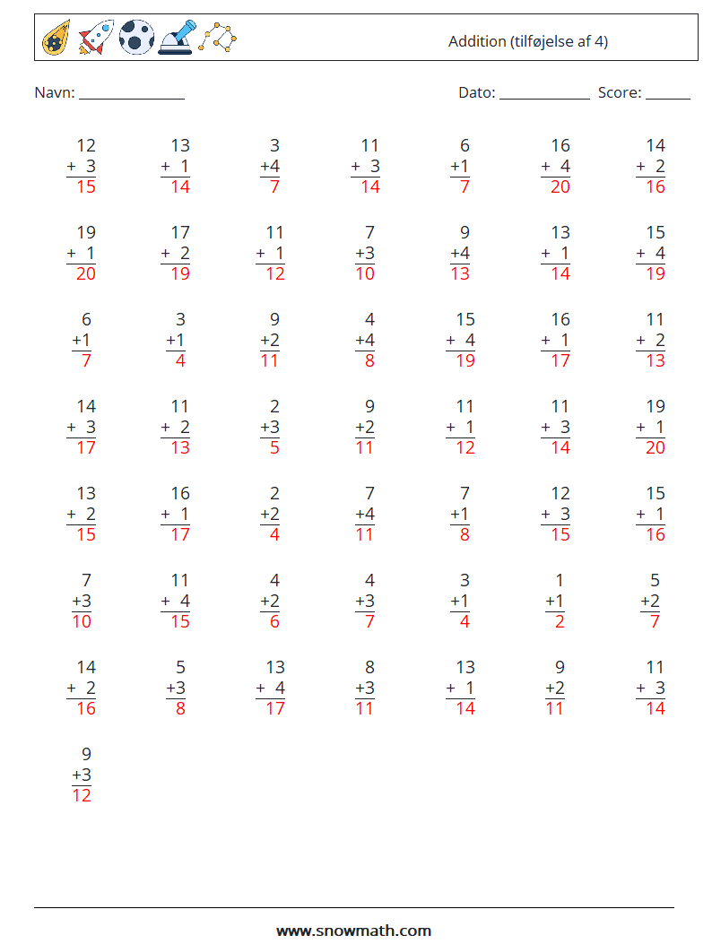 (50) Addition (tilføjelse af 4) Matematiske regneark 11 Spørgsmål, svar