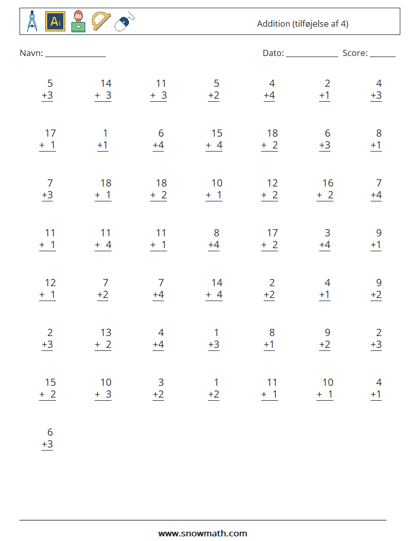 (50) Addition (tilføjelse af 4) Matematiske regneark 14