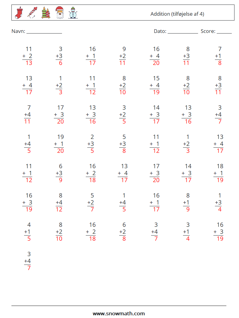 (50) Addition (tilføjelse af 4) Matematiske regneark 15 Spørgsmål, svar