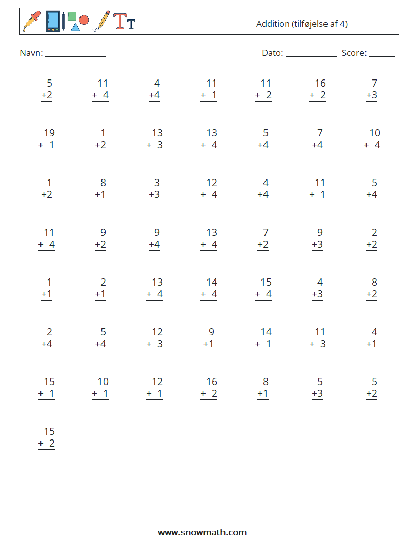 (50) Addition (tilføjelse af 4) Matematiske regneark 16