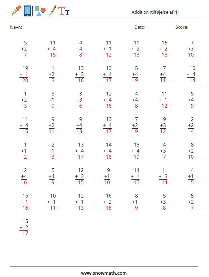 (50) Addition (tilføjelse af 4) Matematiske regneark 16 Spørgsmål, svar