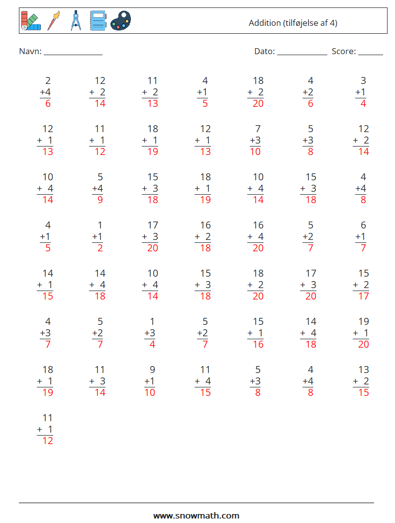 (50) Addition (tilføjelse af 4) Matematiske regneark 17 Spørgsmål, svar