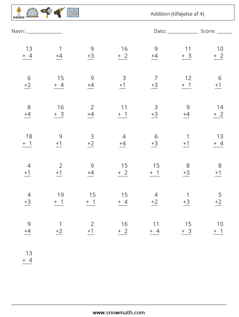 (50) Addition (tilføjelse af 4) Matematiske regneark 18