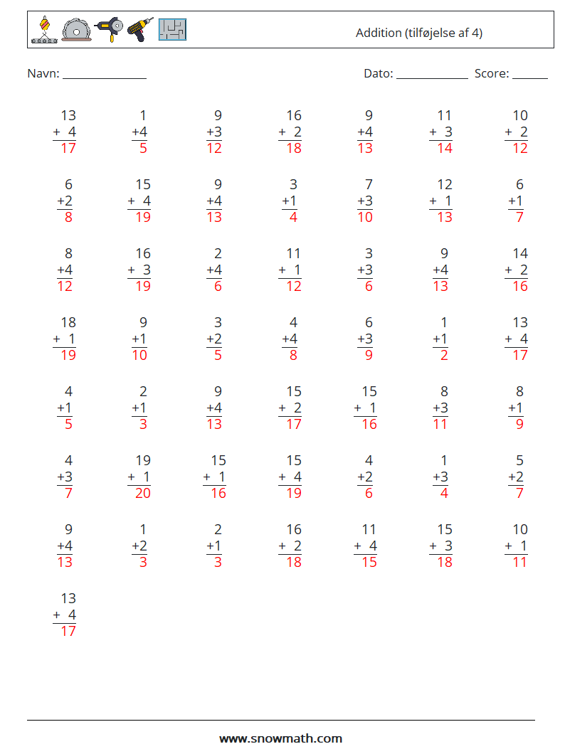 (50) Addition (tilføjelse af 4) Matematiske regneark 18 Spørgsmål, svar