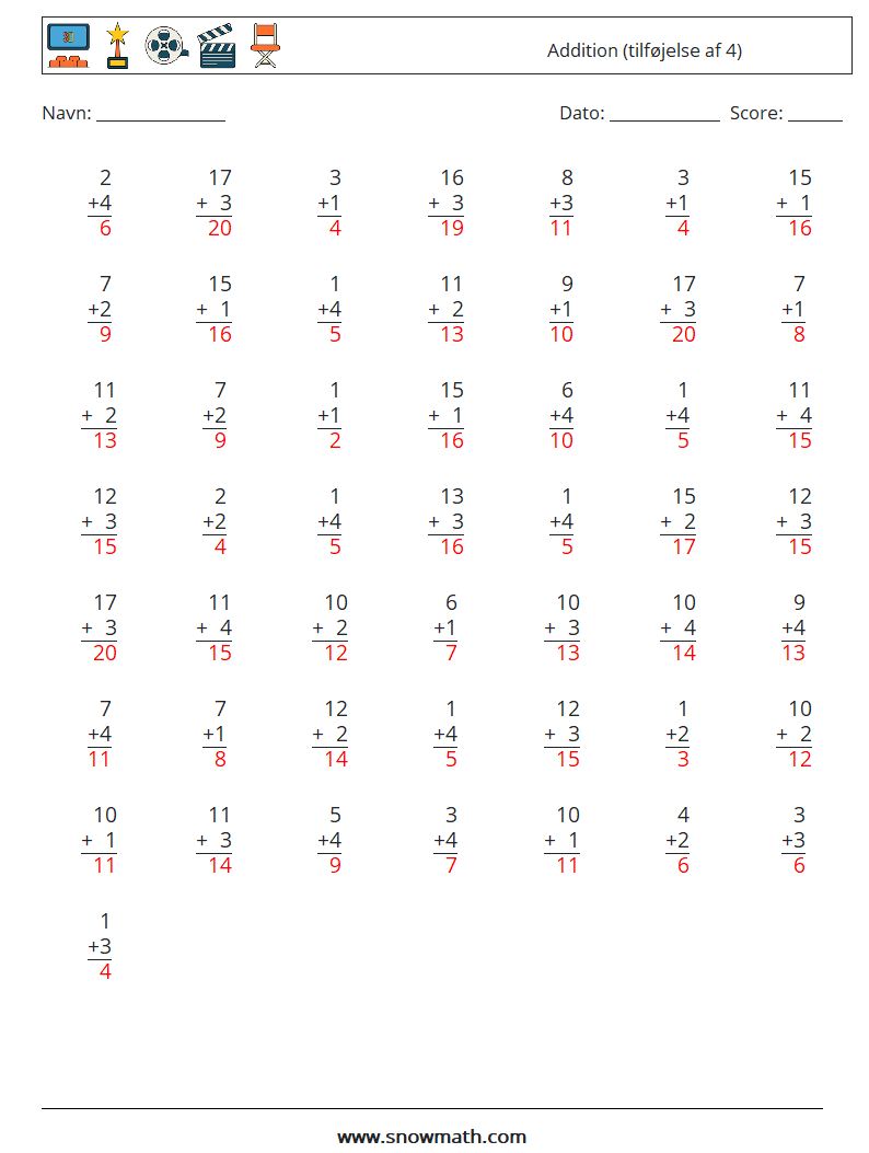 (50) Addition (tilføjelse af 4) Matematiske regneark 1 Spørgsmål, svar