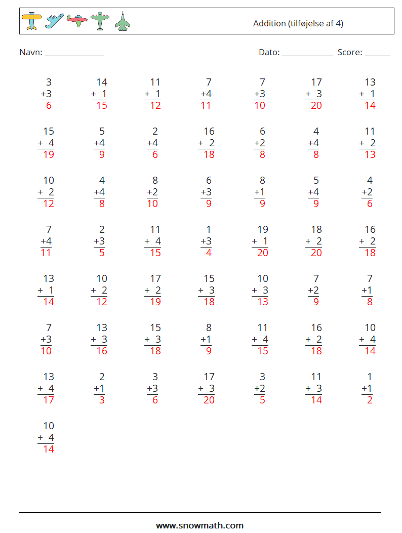 (50) Addition (tilføjelse af 4) Matematiske regneark 2 Spørgsmål, svar