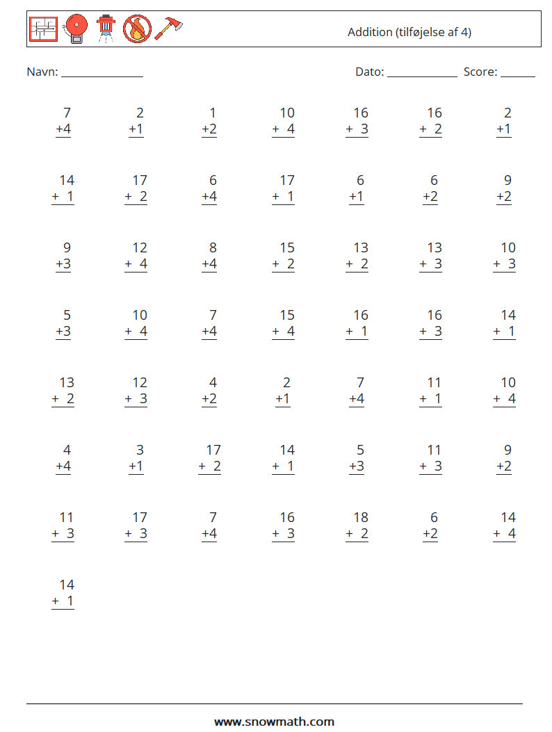 (50) Addition (tilføjelse af 4) Matematiske regneark 3