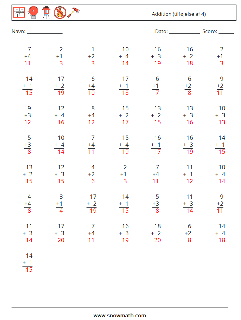 (50) Addition (tilføjelse af 4) Matematiske regneark 3 Spørgsmål, svar