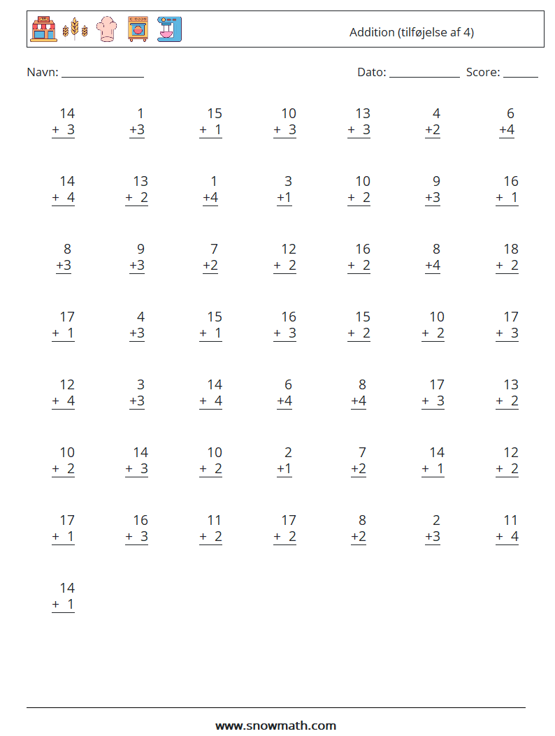 (50) Addition (tilføjelse af 4) Matematiske regneark 4