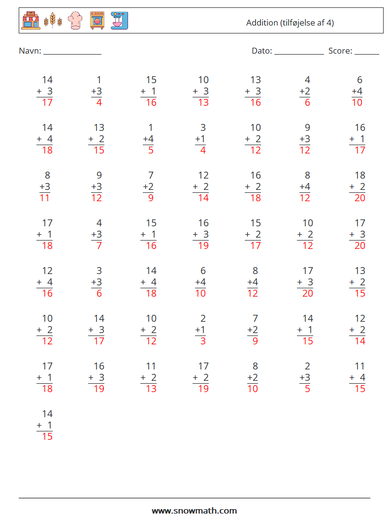 (50) Addition (tilføjelse af 4) Matematiske regneark 4 Spørgsmål, svar