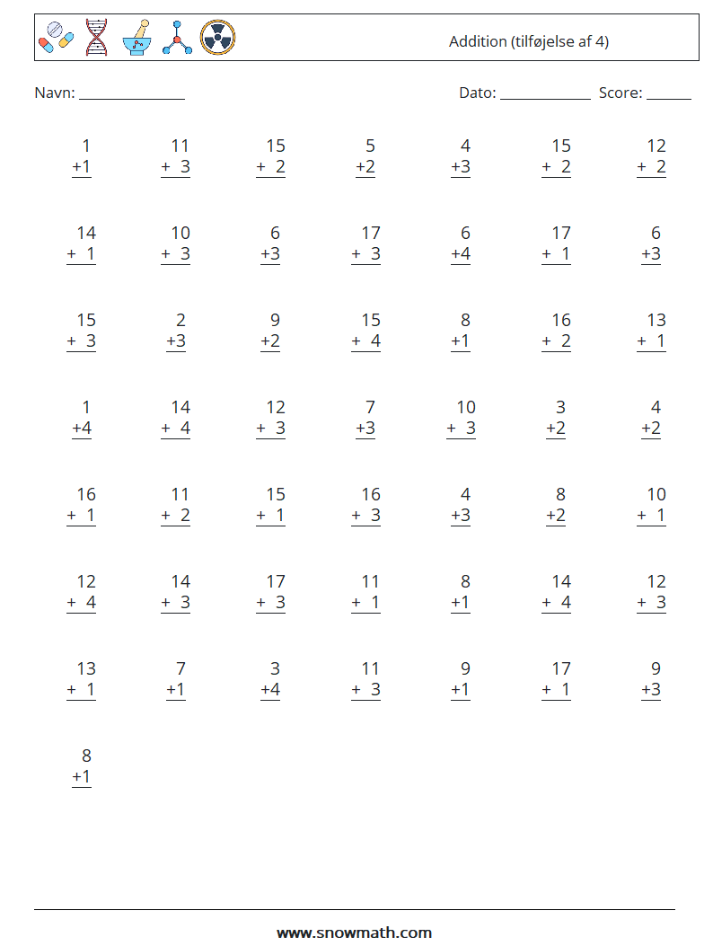 (50) Addition (tilføjelse af 4) Matematiske regneark 5