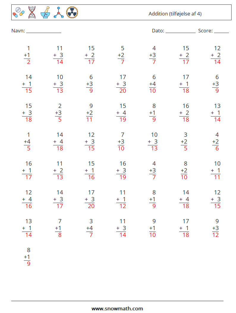 (50) Addition (tilføjelse af 4) Matematiske regneark 5 Spørgsmål, svar