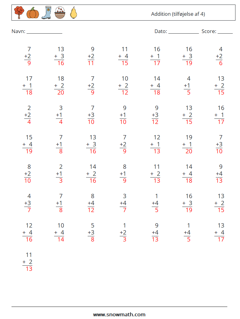 (50) Addition (tilføjelse af 4) Matematiske regneark 6 Spørgsmål, svar