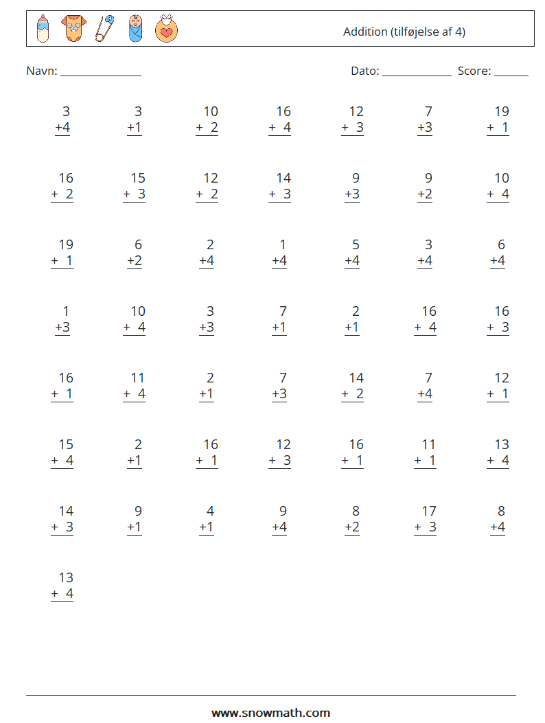 (50) Addition (tilføjelse af 4) Matematiske regneark 7