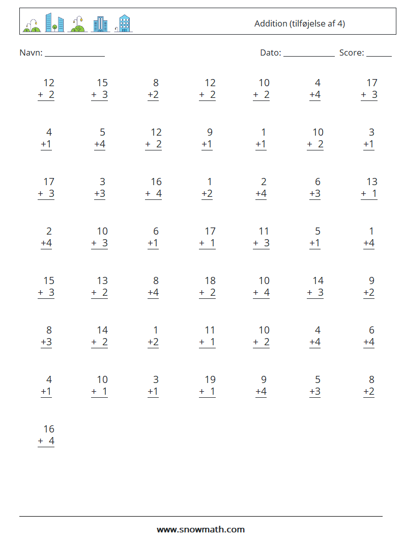 (50) Addition (tilføjelse af 4) Matematiske regneark 8