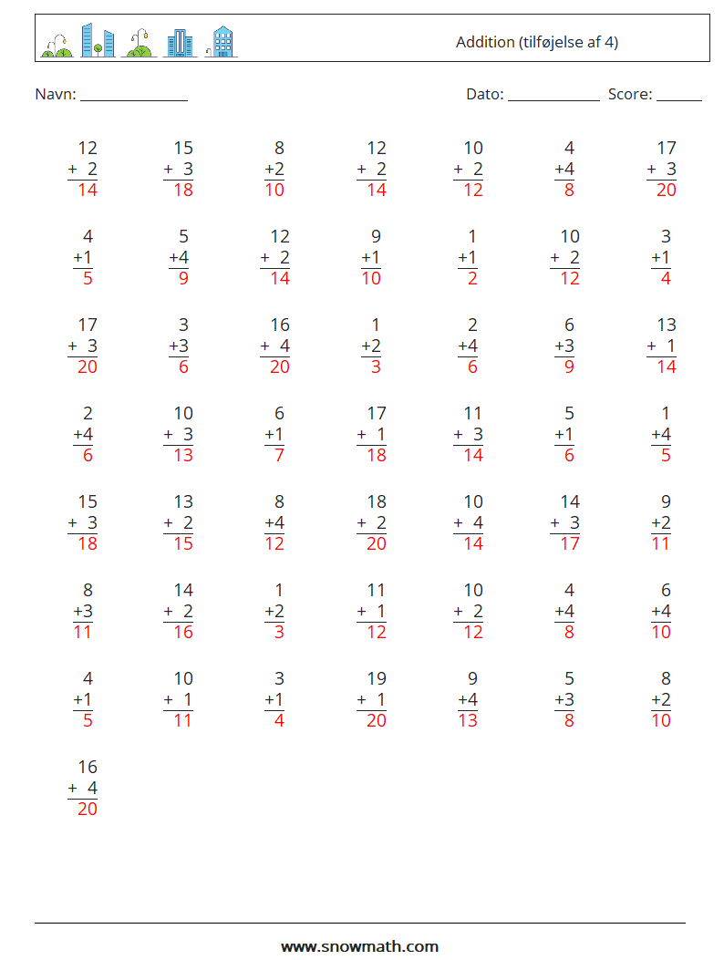 (50) Addition (tilføjelse af 4) Matematiske regneark 8 Spørgsmål, svar