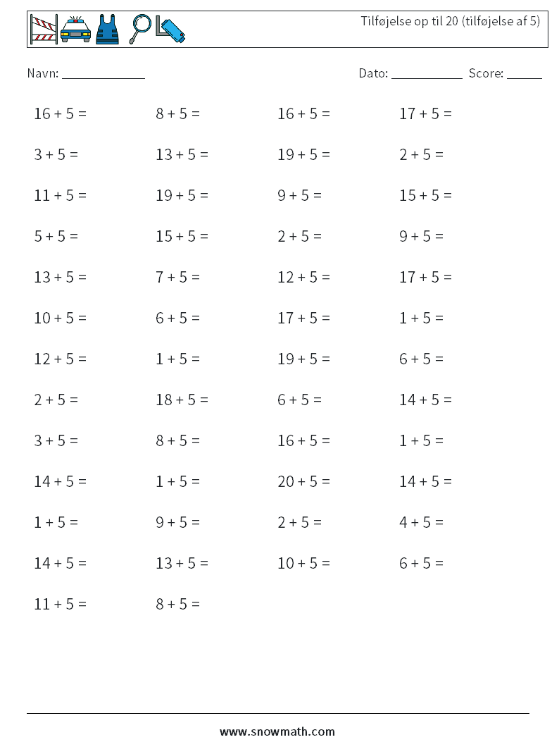 (50) Tilføjelse op til 20 (tilføjelse af 5) Matematiske regneark 2