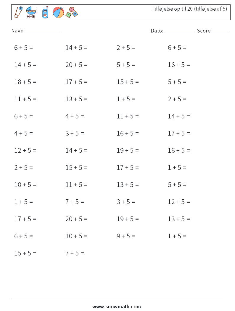 (50) Tilføjelse op til 20 (tilføjelse af 5) Matematiske regneark 3