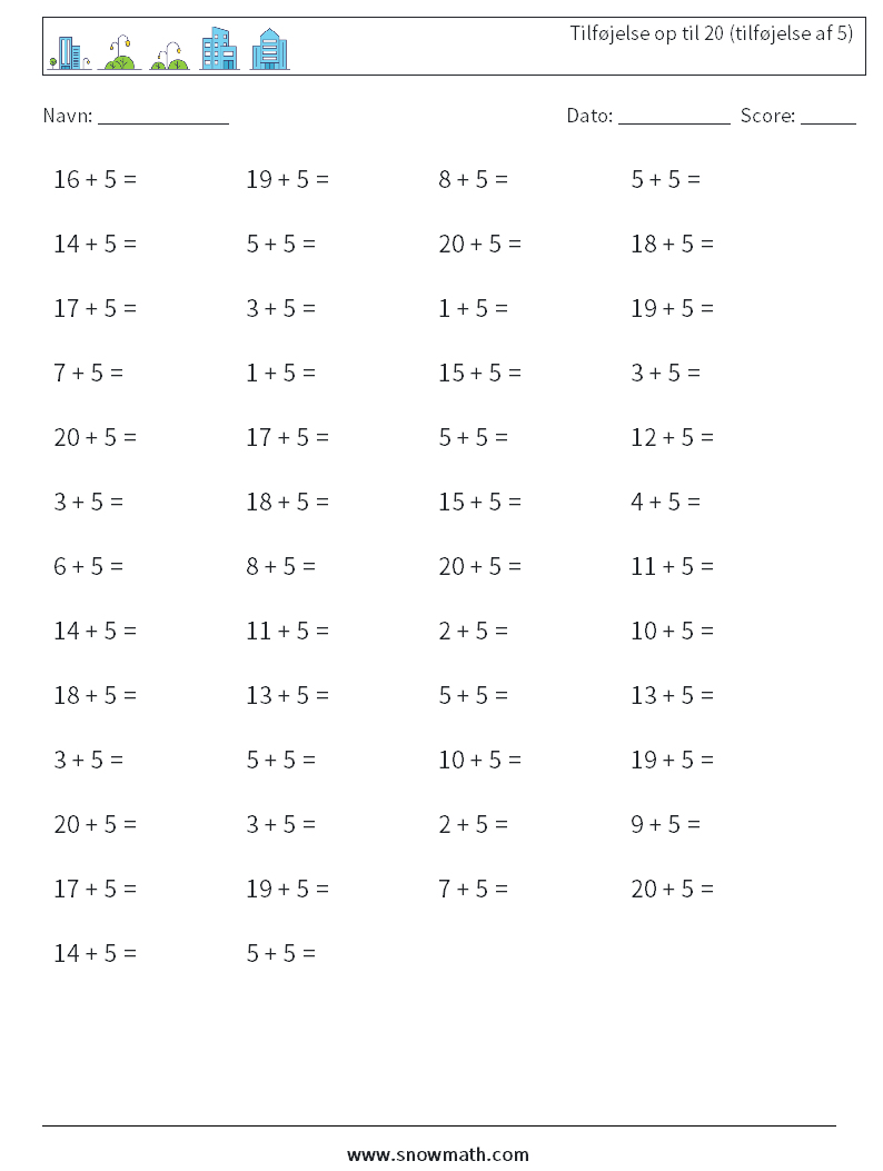 (50) Tilføjelse op til 20 (tilføjelse af 5) Matematiske regneark 7