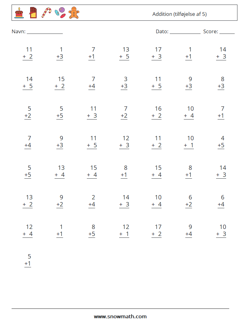 (50) Addition (tilføjelse af 5) Matematiske regneark 10