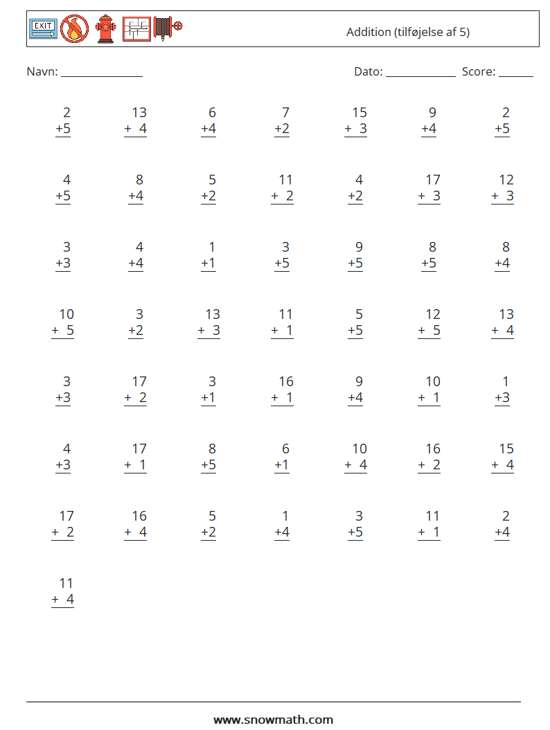 (50) Addition (tilføjelse af 5) Matematiske regneark 11