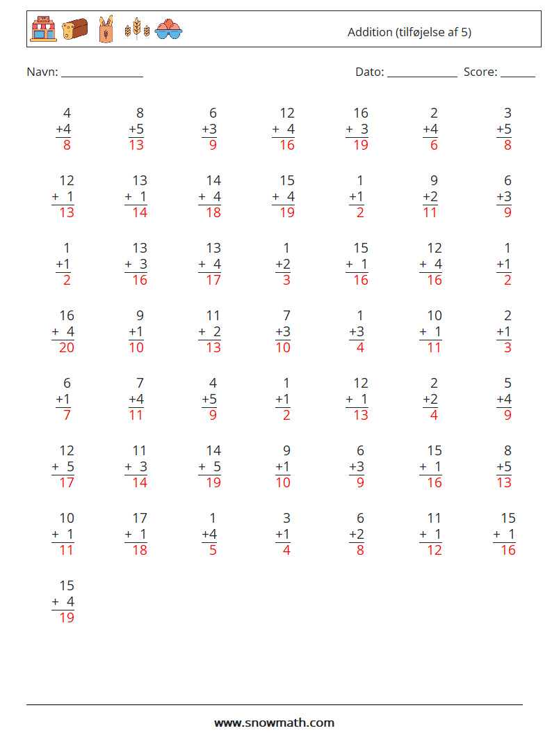 (50) Addition (tilføjelse af 5) Matematiske regneark 12 Spørgsmål, svar