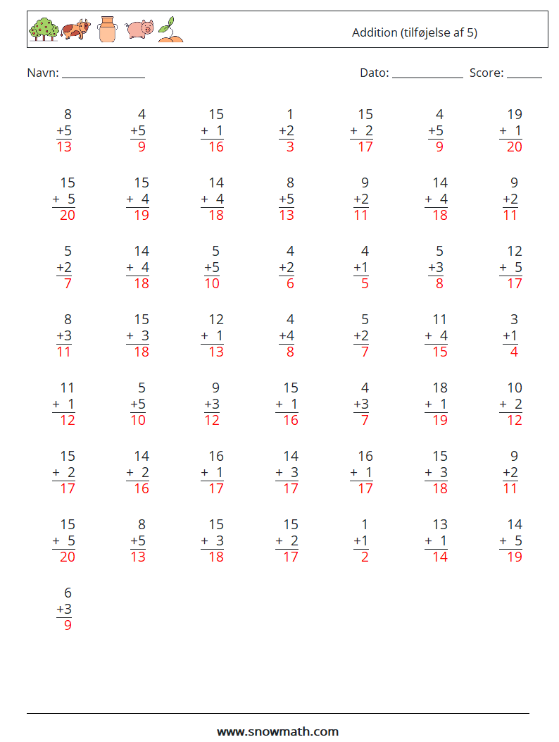 (50) Addition (tilføjelse af 5) Matematiske regneark 13 Spørgsmål, svar