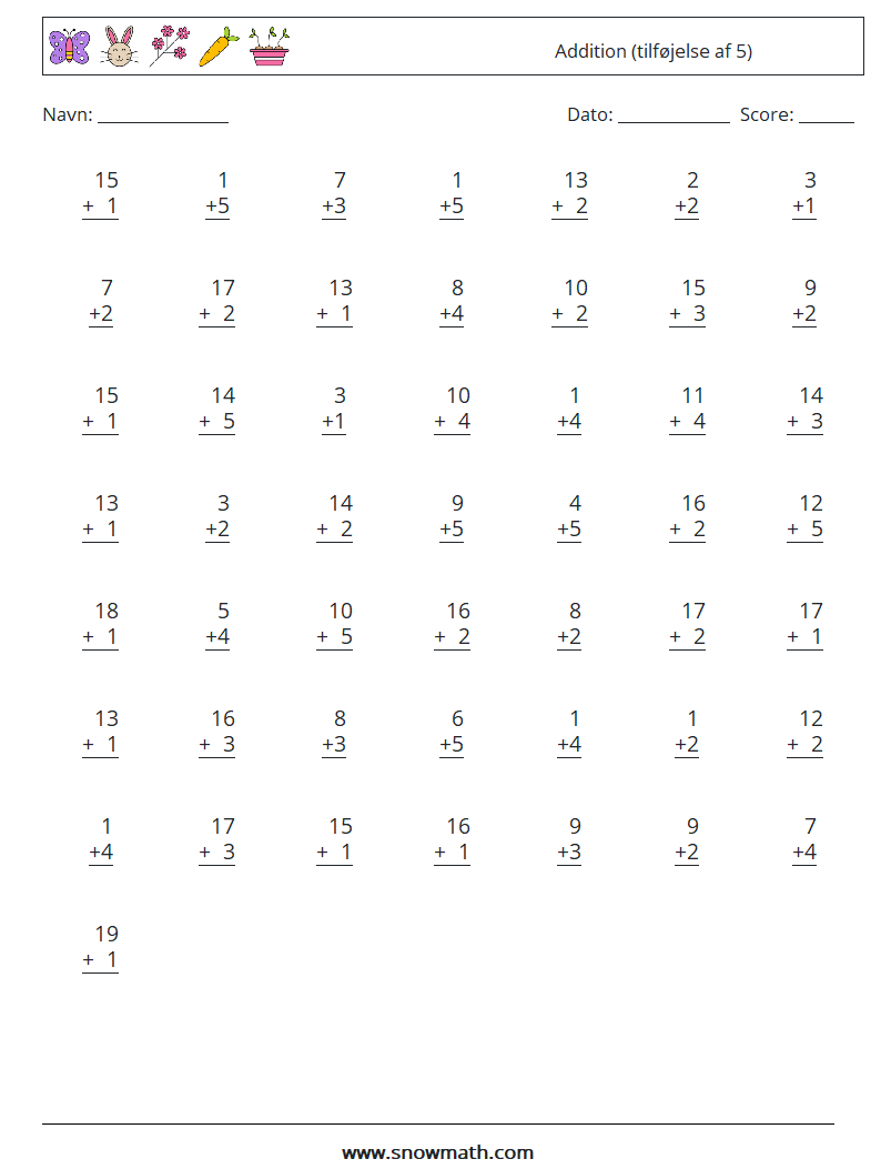 (50) Addition (tilføjelse af 5) Matematiske regneark 14