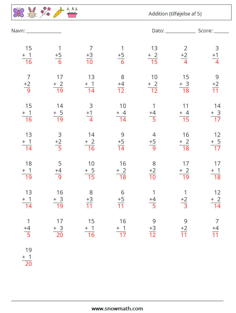 (50) Addition (tilføjelse af 5) Matematiske regneark 14 Spørgsmål, svar