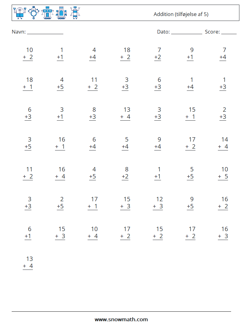 (50) Addition (tilføjelse af 5) Matematiske regneark 15