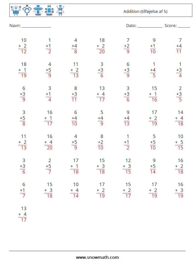 (50) Addition (tilføjelse af 5) Matematiske regneark 15 Spørgsmål, svar