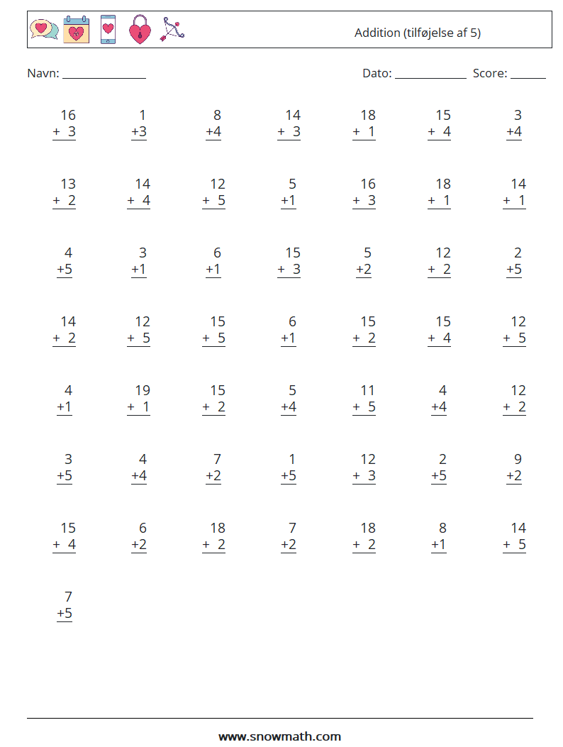 (50) Addition (tilføjelse af 5) Matematiske regneark 16