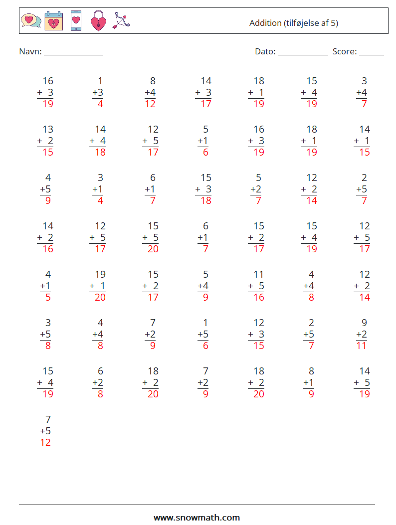 (50) Addition (tilføjelse af 5) Matematiske regneark 16 Spørgsmål, svar