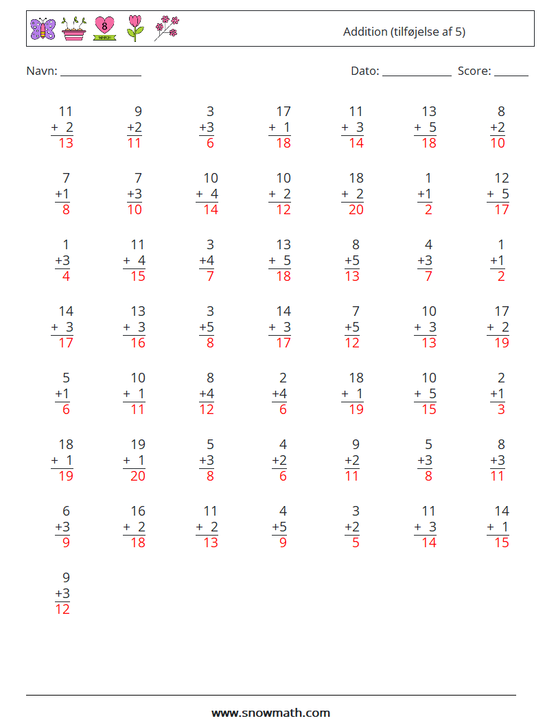 (50) Addition (tilføjelse af 5) Matematiske regneark 17 Spørgsmål, svar