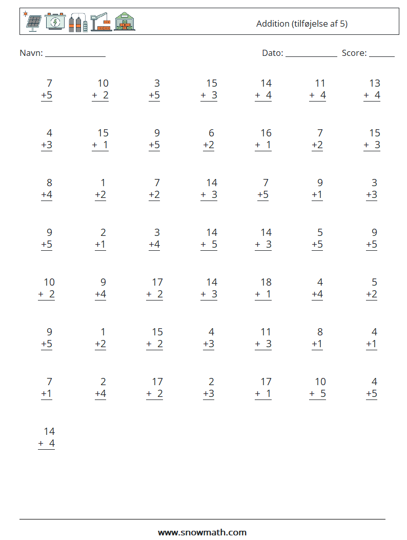 (50) Addition (tilføjelse af 5) Matematiske regneark 18