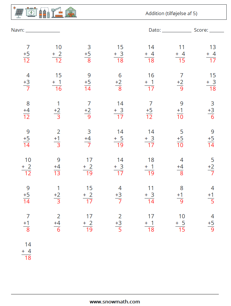 (50) Addition (tilføjelse af 5) Matematiske regneark 18 Spørgsmål, svar